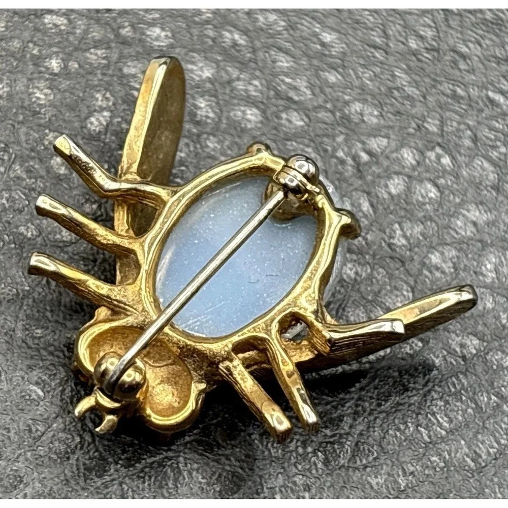 Vintage Jelly Belly Bee Insect Brooch Faux Moonstone Cabochon Crystal Rhinestone